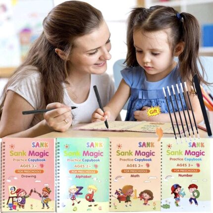 Sank Magic Practice Copybook for Kids: 4 Magic Book for Kids with 10 Refills, 1 Pen & Grip, Number Tracing, Calligraphy Practice, Magik Book, Reusable Handwriting Tool.